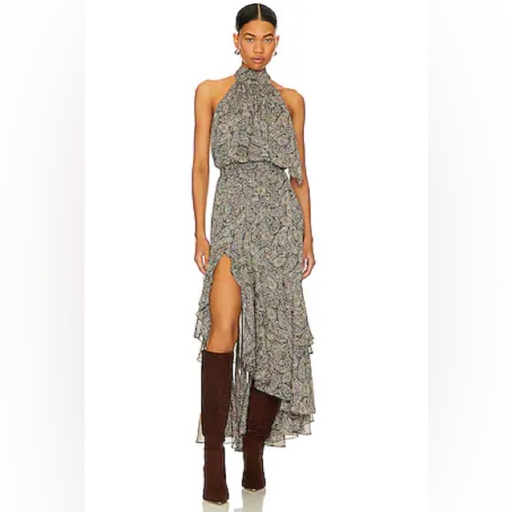 MISA Los Angeles Aneva Midi Halter Dress Paisley Shimmer White WMN SZ MEDIUM NWT - Picture 6 of 13
